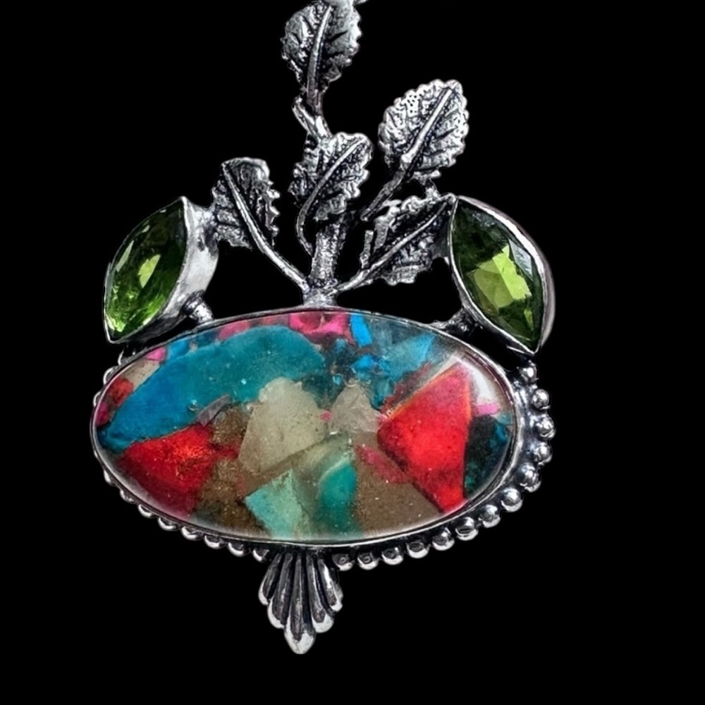 Hand Crafted oval ORGONE STONE pendant with Peridot Accents Silver Ornate Bezel